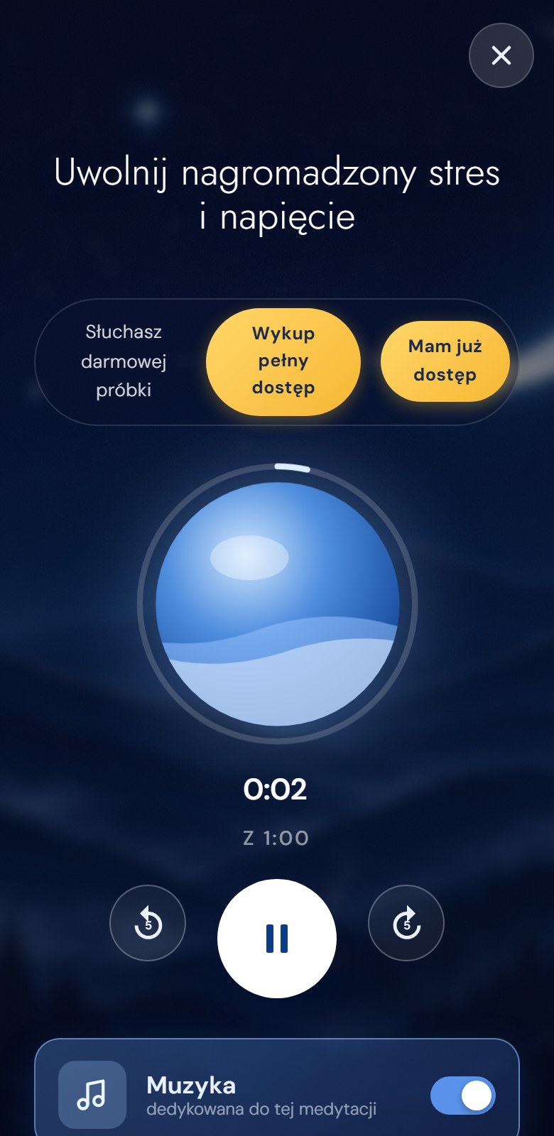 Ekran odtwarzacza medytacji z muzyką w tle i dźwiękami natury